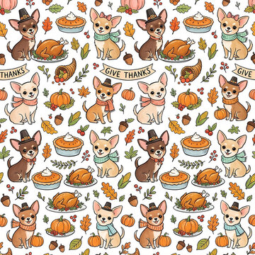 Thanksgiving chihuahua dog with roast turkey and pie seamless pattern illustration