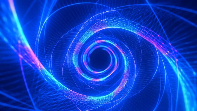 Abstract neon concentric rings forming a blue and purple digital tunnel background