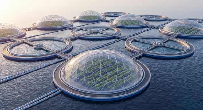 Network of circular floating glass geodesic biome domes cultivating green plants on calm blue ocean water for sustainable offshore farming