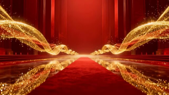 Luxury Red Carpet Entrance with Golden Glowing Light Trails and Cinematic Stage Background for Awards Ceremony