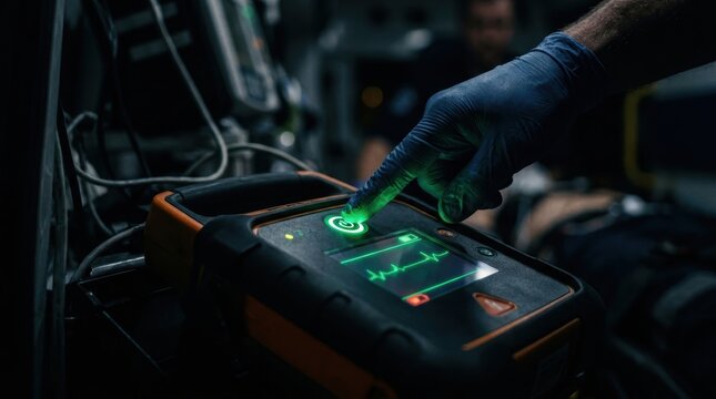 A gloved hand presses a glowing button on a medical device displaying a heartbeat rhythm