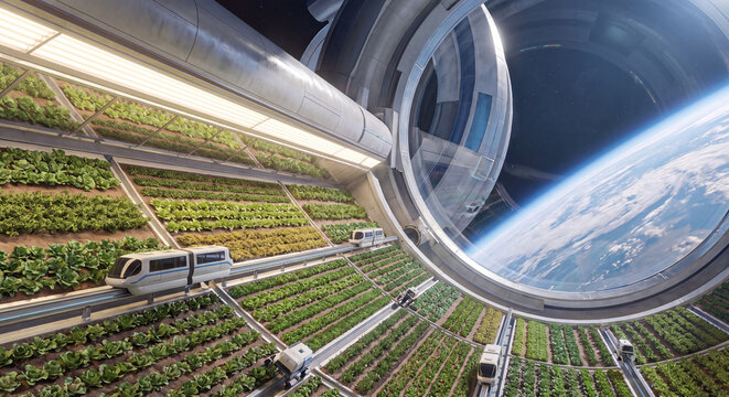 Circular greenhouse habitat module on space station growing rows of green crops with panoramic window view of planet Earth below