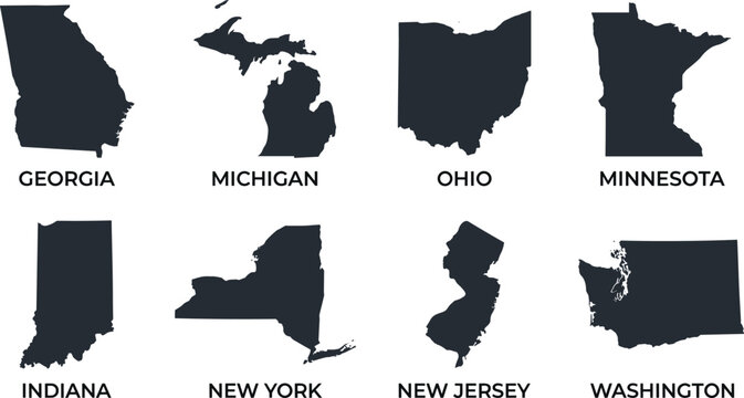 United States State Map Silhouette Collection Featuring Georgia Michigan Ohio Minnesota Indiana New York New Jersey and Washington