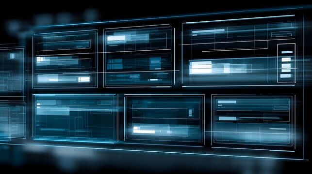 A futuristic digital interface with glowing blue panels and abstract data structures arranged in a grid layout