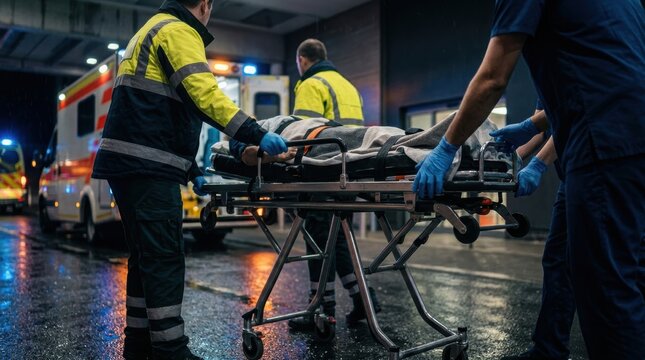 Paramedics transport a patient on a stretcher outside an ambulance in rainy weather