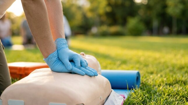 Person in blue gloves practices CPR chest compressions on a training mannequin outdoors