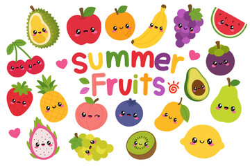 Fototapeta premium Cute Summer Fruits Clipart Set, Kawaii Fruit Characters with Happy Faces. 
