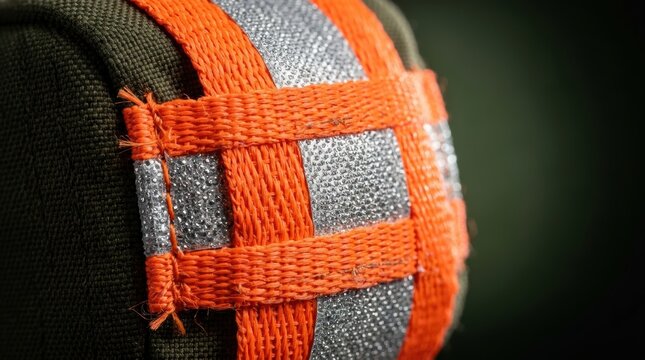 Close up texture of orange and silver reflective fabric straps woven over dark green material