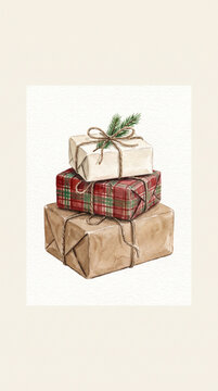 Watercolor illustration of a stack of three beautifully wrapped Christmas presents with twine string and pine sprig decoration