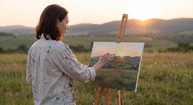 Talented female painter standing in an open field working on a canvas landscape painting mounted on a wooden easel during warm golden hour sunset