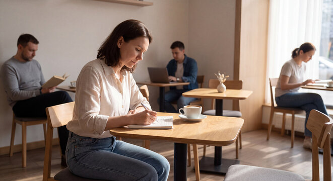 Focused young woman sitting at a wooden cafe table drinking coffee and writing thoughts into a journal notebook with blurred cafe background