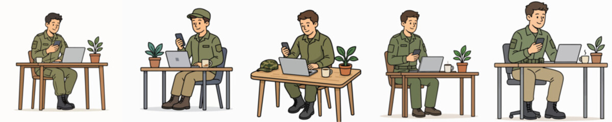 Naklejka premium A set of vector illustrations featuring a male soldier working at a desk and using a mobile phone.