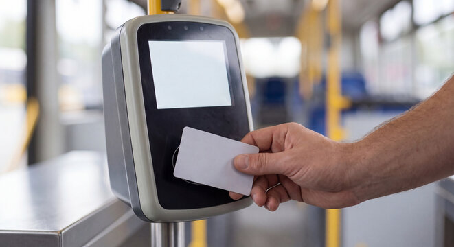 Close up of passenger hand holding and swiping a contactless electronic travel smart card against the validator terminal inside a public bus