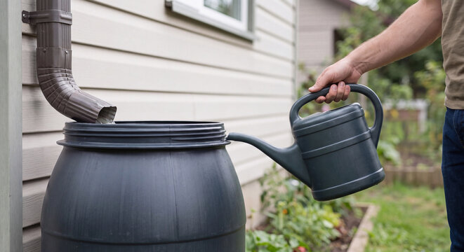 Close up of hands using a plastic watering can to collect water from a black rainwater harvesting butt connected to a house roof gutter