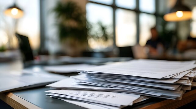 Stack of printed documents on a modern office desk under soft natural light with blurred background elements