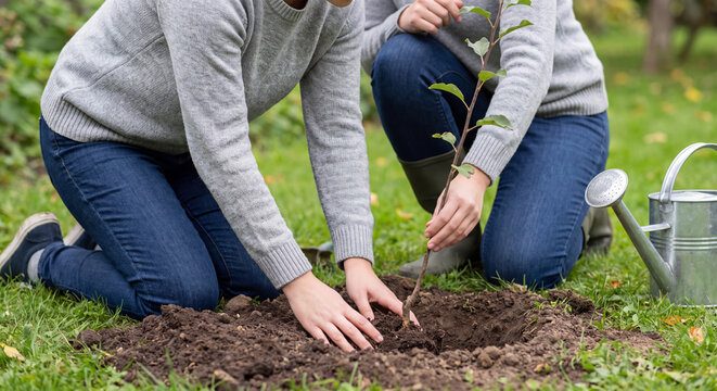 Two people are kneeling on the lawn planting a young green tree sapling into rich soil to support reforestation and environmental sustainability in a garden