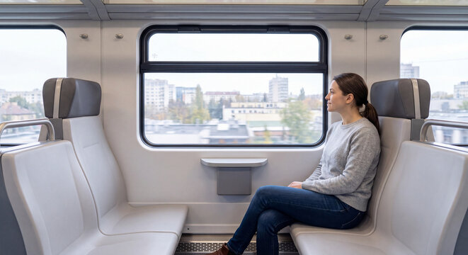 A woman passenger sits comfortably in the passenger seat of a modern passenger commuter train gazing out the window during a peaceful scenic journey