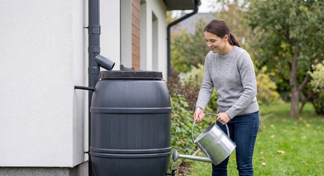 A woman fills a metal watering can from a rainwater storage tank connected to the roof gutter downspout outside her house for garden watering