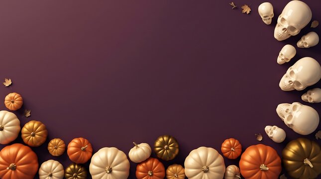 Festive halloween background with decorative pumpkins and human skulls arranged on a dark purple surface with empty copy space