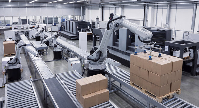 An automated industrial robotic arm lifts and stacks packaged cardboard shipping boxes neatly onto a wooden transport pallet next to a conveyor line