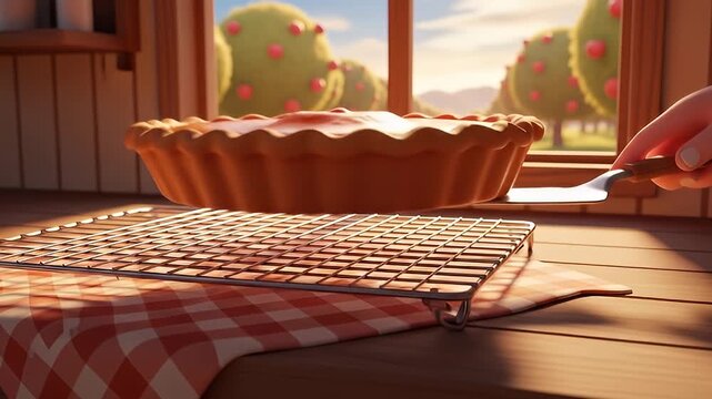 Freshly baked pie is being placed onto a cooling rack, by a window with trees