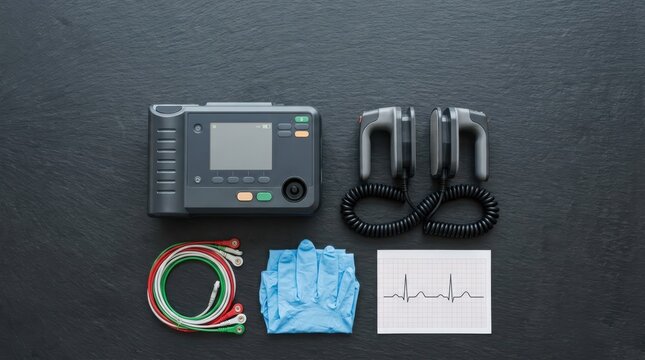 An automated external defibrillator with electrocardiogram medical gloves and cables arranged flat lay