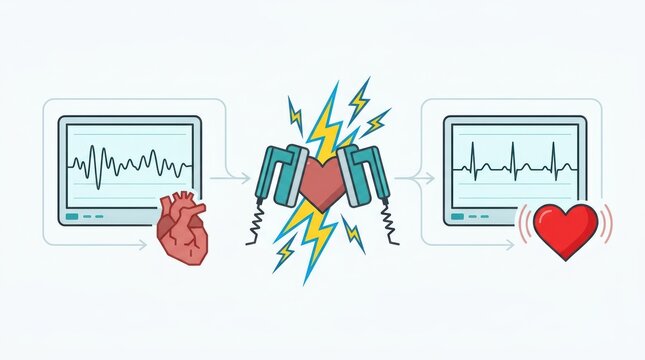Medical illustration showing electrocardiogram monitoring defibrillation and a healthy heart rhythm