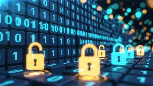 Cybersecurity Digital Lock Icons with Binary Code Wall Animation