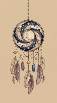 A celestial dreamcatcher illustration featuring moon phases, stars, and hanging feathers in a vintage style