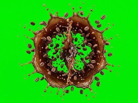 Dynamic coffee splash with roasted beans on green screen background
