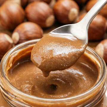 Hazelnut butter being scooped with a spoon over a jar, surrounded by whole hazelnuts. Smooth texture and warm brown tones suggest natural spread and indulgence.