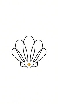 Minimalist line art vector illustration of a delicate seashell with a gold pearl inside on a clean white background