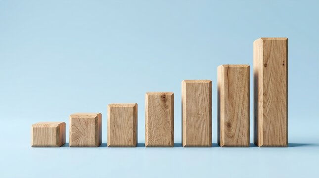 A growth chart made of increasing size wooden blocks on a light blue background depicts progress development and success.