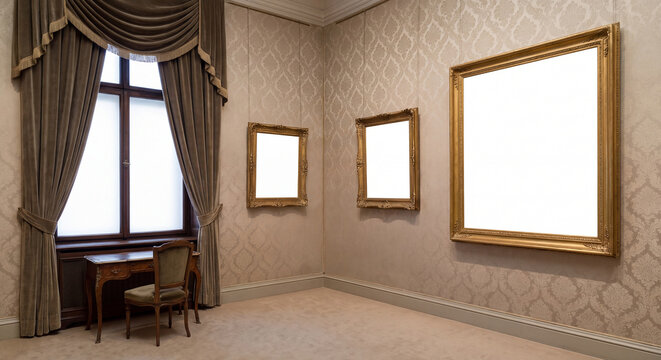 Interior of an elegant traditional room with patterned wallpaper window drapery curtains vintage armchair and multiple blank gold frames on walls