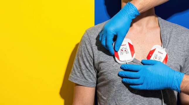 Medical professional applies electrode pads to a patient's chest for heart monitoring