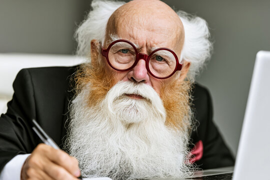 Elderly man with white beard and glasses writing at desk round glasses senior man old man