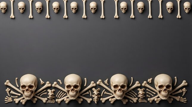 Top and bottom border made of human skulls and bones arranged on a dark grey background
