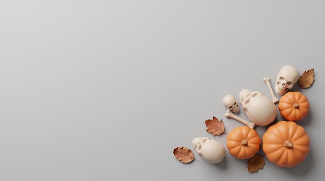 Top view of decorative pumpkins and autumn leaves arranged on a plain light gray background with copy space
