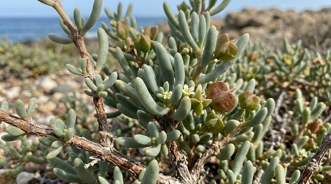 Detailed Botanical Close Up View of Zygophyllum Fontanesii Succulent Plant Growth Coastal Halophyte Flora Natural Surface Texture background botanical plant succulent flora nature close up macro
