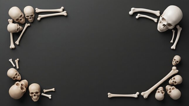 A spooky halloween frame made of human skulls and bones arranged on a dark black background with copy space