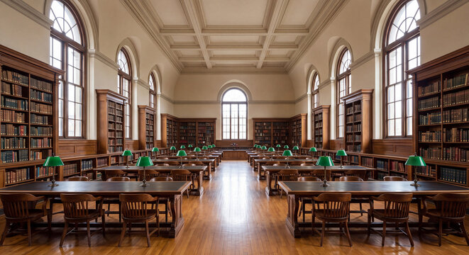 Wide angle view of an empty classic library hall featuring arched windows rows of dark wood tables and towering bookshelves with books
