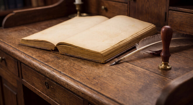 Antique open journal with blank parchment pages resting beside a feather writing quill and wax seal on a wooden desk in study