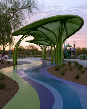 Colorful Curved Park Path Under Modern Canopy for Urban Recreation Landscape Architecture Community Placemaking and