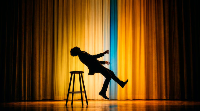 Silhouette of a Man Falling Backward Off a Stool on a Stage