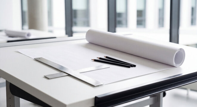 An architectural drafting table with rolled blueprint paper a metal ruler and drafting pens in a bright modern office workspace next to windows