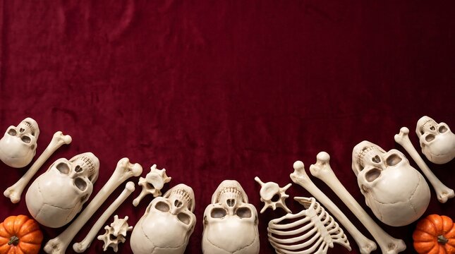 Top view of human skulls and bones arranged on a dark red background for a spooky halloween celebration