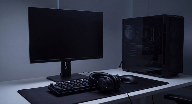 Atmospheric dark computer desk setup with a turned off widescreen monitor gaming headset mechanical keyboard and lit PC tower