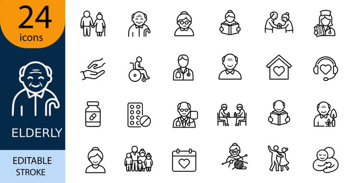 Elderly people lifestyle and healthcare vector icons set collection with retirement