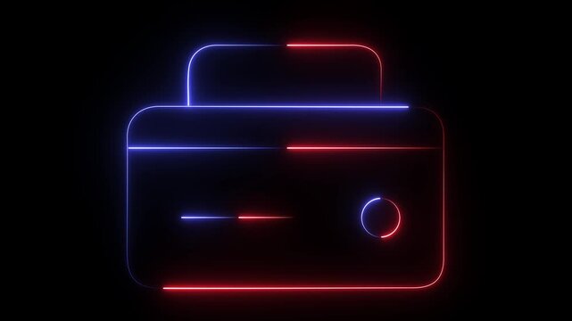 A glowing neon printer icon, designed with electric blue and red lines against a dark background.