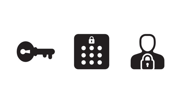 Black security icons featuring a key lock combination pad and user profile protecting private data